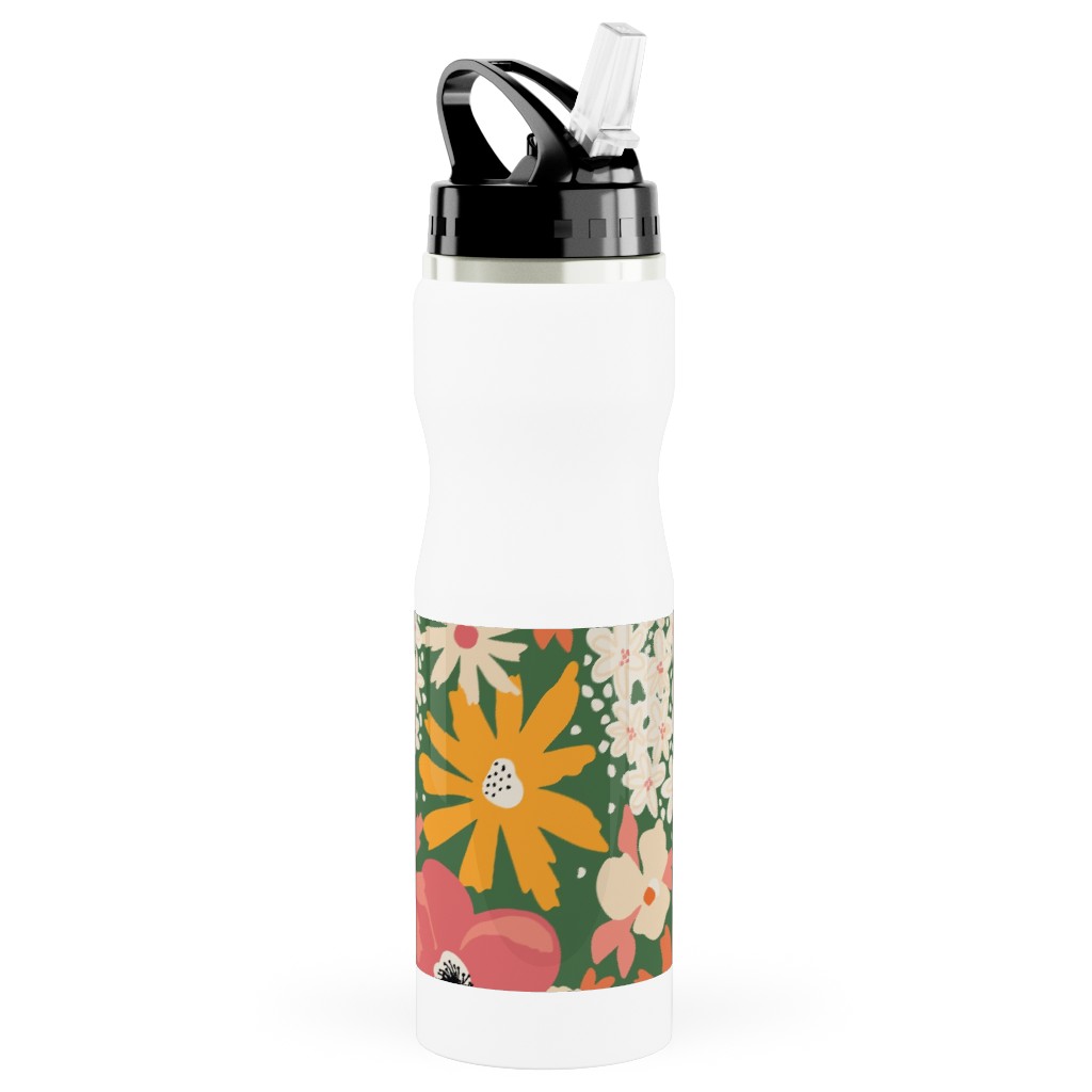 Summer Florals - Green Pink White and Orange Stainless Steel Water Bottle with Straw, 25oz, With Straw, Multicolor