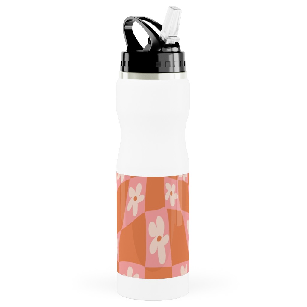 Trippy Chamomile - Floral - Orange and Pink Stainless Steel Water Bottle with Straw, 25oz, With Straw, Orange