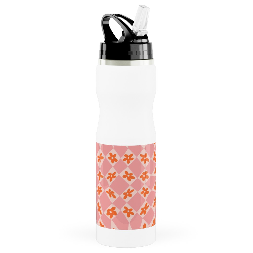 Trippy Checker - Floral - Pink and Orange Stainless Steel Water Bottle with Straw, 25oz, With Straw, Pink