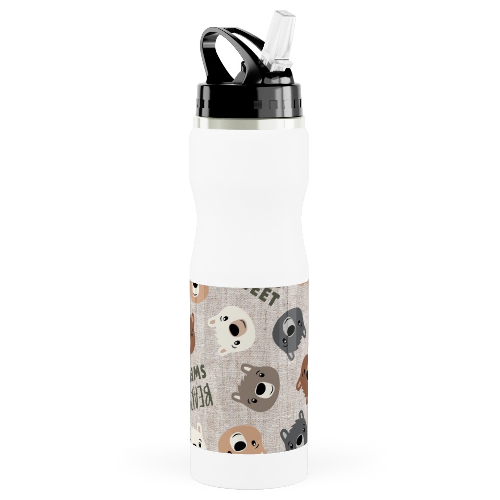 Beary Sweet Bears - Beige Stainless Steel Water Bottle with Straw, 25oz, With Straw, Beige