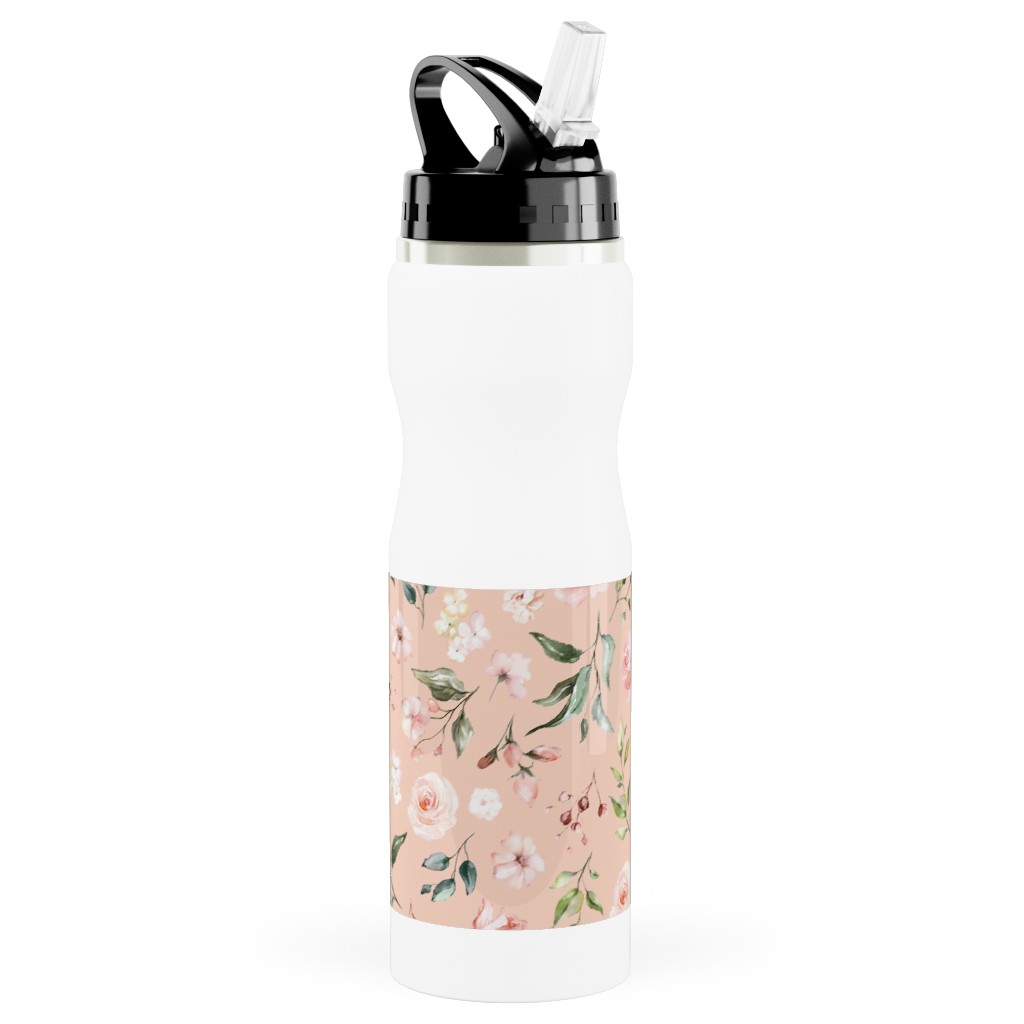 Celestial Rose Floral - Blush Stainless Steel Water Bottle with Straw, 25oz, With Straw, Pink