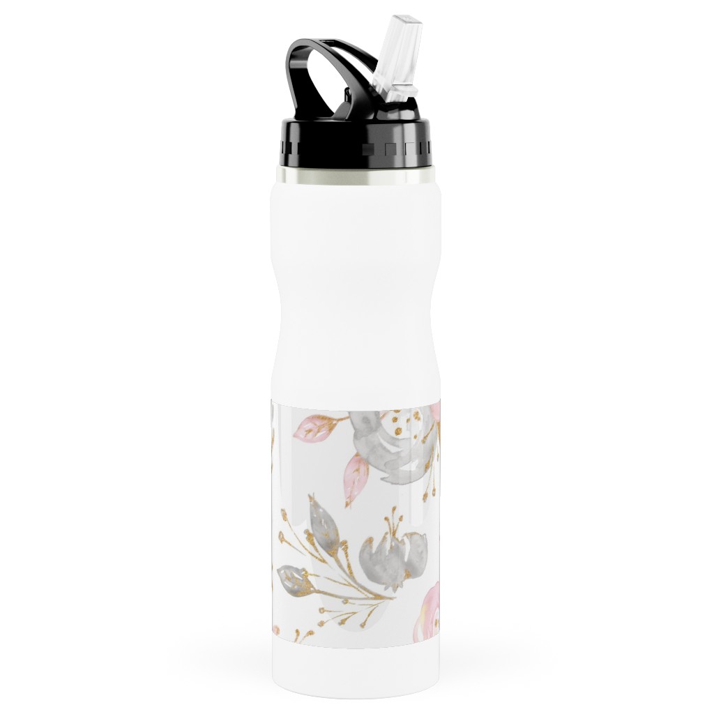 Floral - Blush Stainless Steel Water Bottle with Straw, 25oz, With Straw, Pink