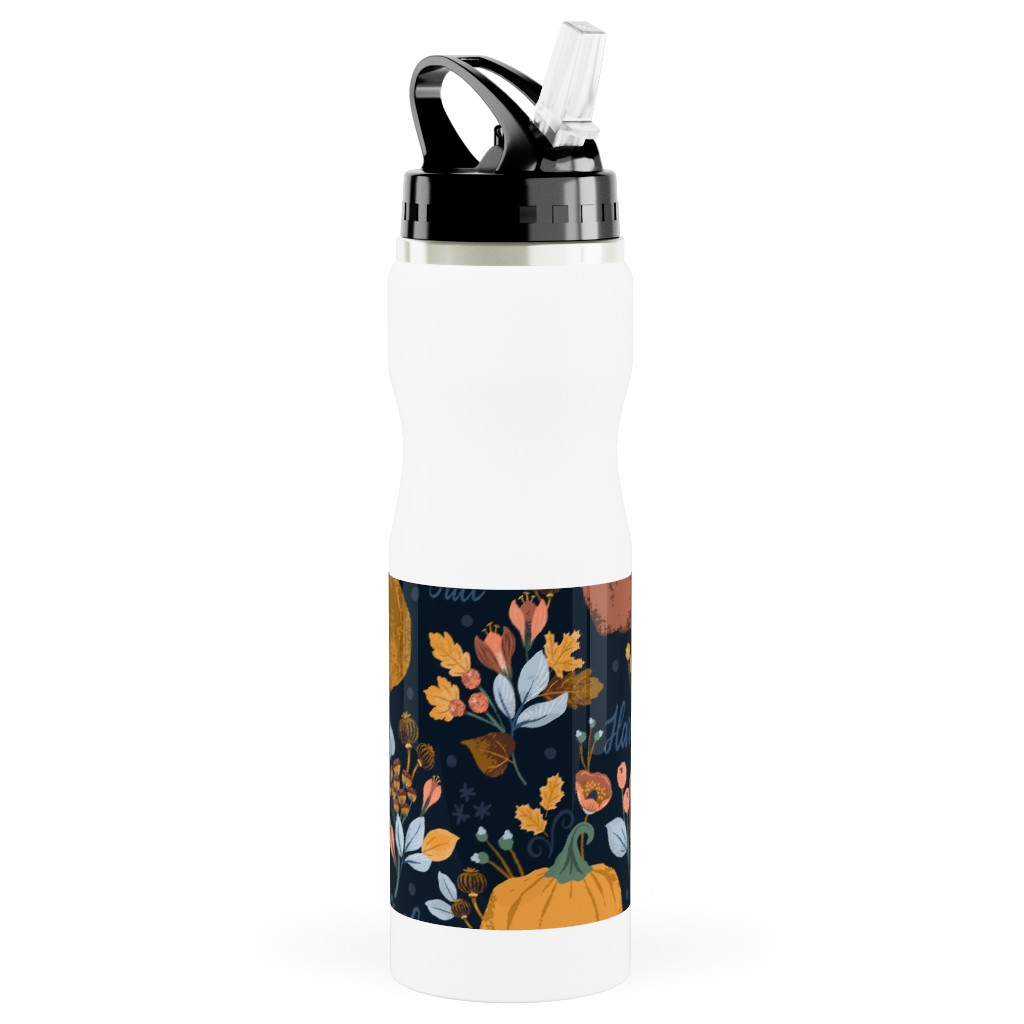 Smaller Scale Elegant Navy Fall Floral - Harvest Gratitude + Cozy Petal Solids Stainless Steel Water Bottle with Straw, 25oz, With Straw, Orange