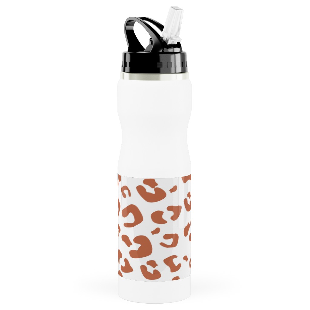 Leopard Print - Terracotta Stainless Steel Water Bottle with Straw, 25oz, With Straw, Brown, Brown