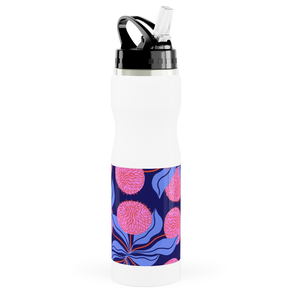 Marigold Pinwheels on Navy Stainless Steel Water Bottle with Straw, 25oz, With Straw, Multicolor