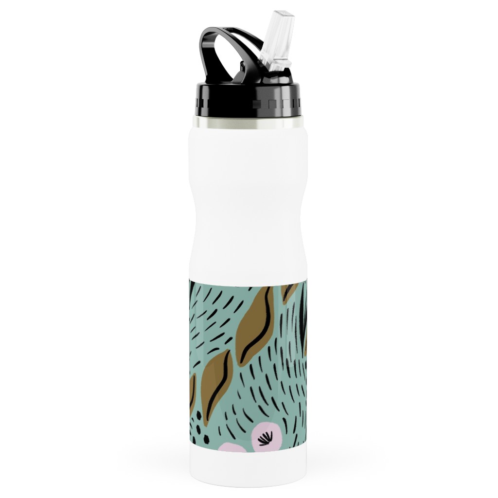 Flower Patch Lane on Mint Stainless Steel Water Bottle with Straw, 25oz, With Straw, Green, Classic Green