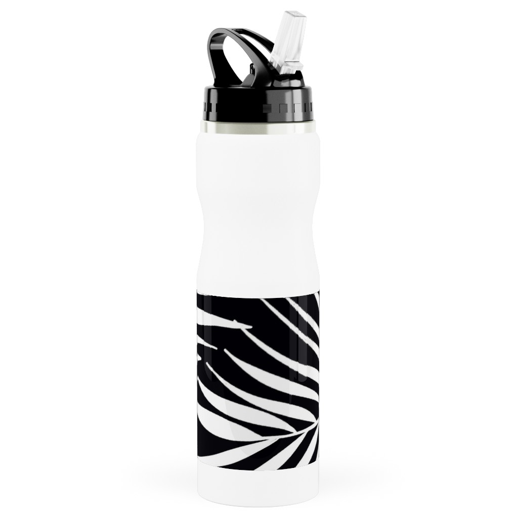 Palm Tree Leaves Stainless Steel Water Bottle with Straw, 25oz, With Straw, Black