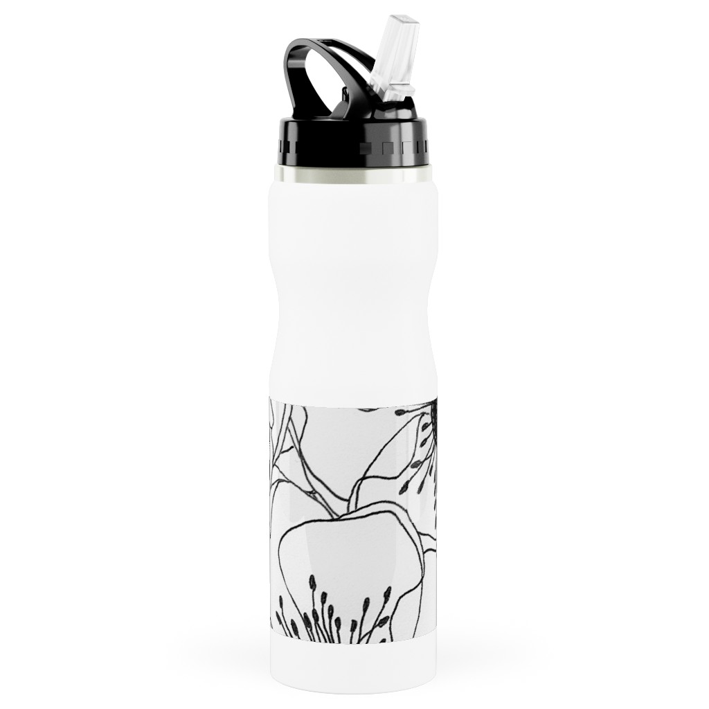 White Anemones - Neutral Stainless Steel Water Bottle with Straw, 25oz, With Straw, White