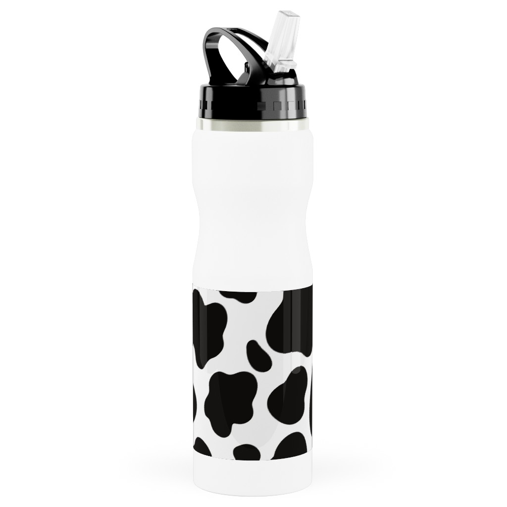 Cow Spots Pattern - Black on White Stainless Steel Water Bottle with Straw, 25oz, With Straw, Black