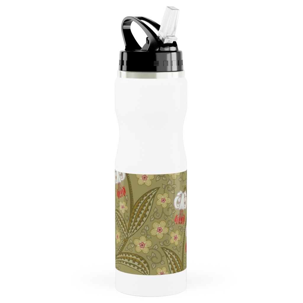 White Martagon Lilies - Olive Stainless Steel Water Bottle with Straw, 25oz, With Straw, Green
