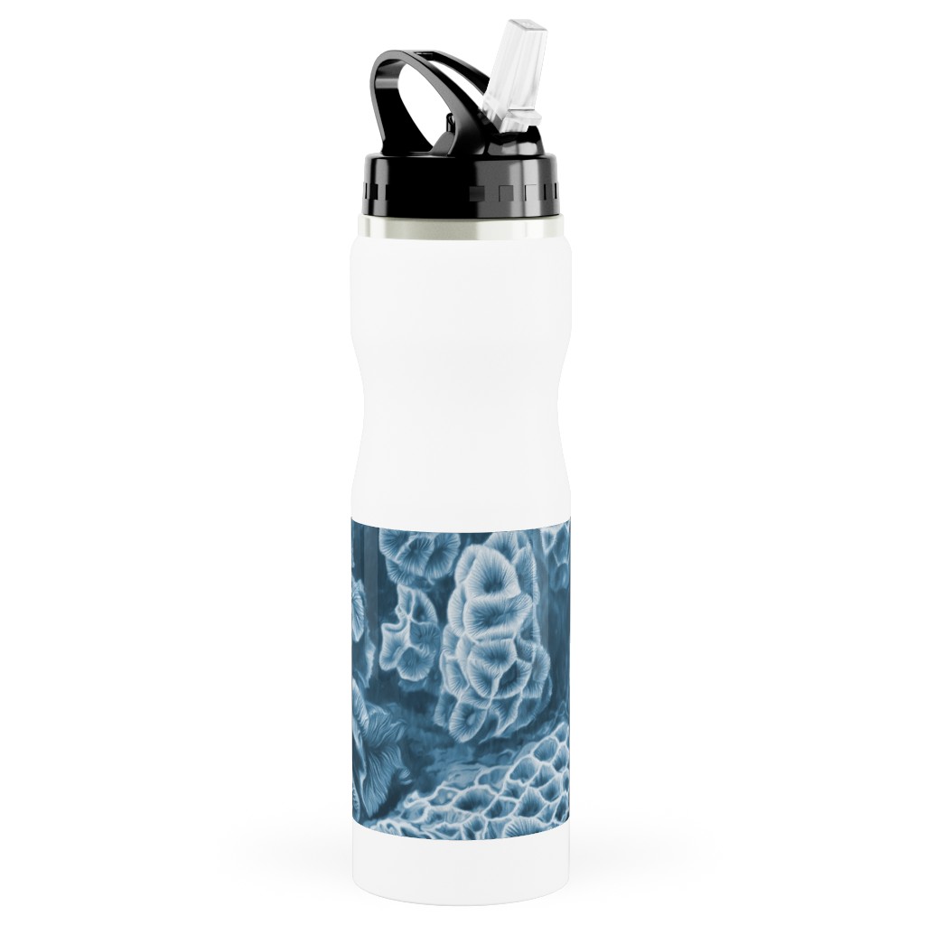 Coral All Over in Sea Blue Stainless Steel Water Bottle with Straw, 25oz, With Straw, Blue