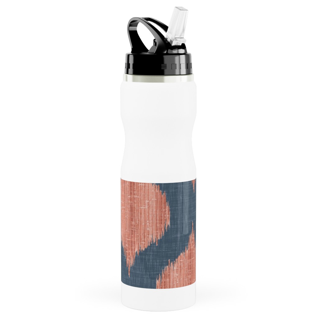 Lela Ikat - Navy and Coral Stainless Steel Water Bottle with Straw, 25oz, With Straw, Blue