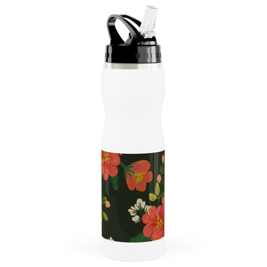 Holiday Floral Stainless Steel Water Bottle with Straw, 25oz, With Straw, Green