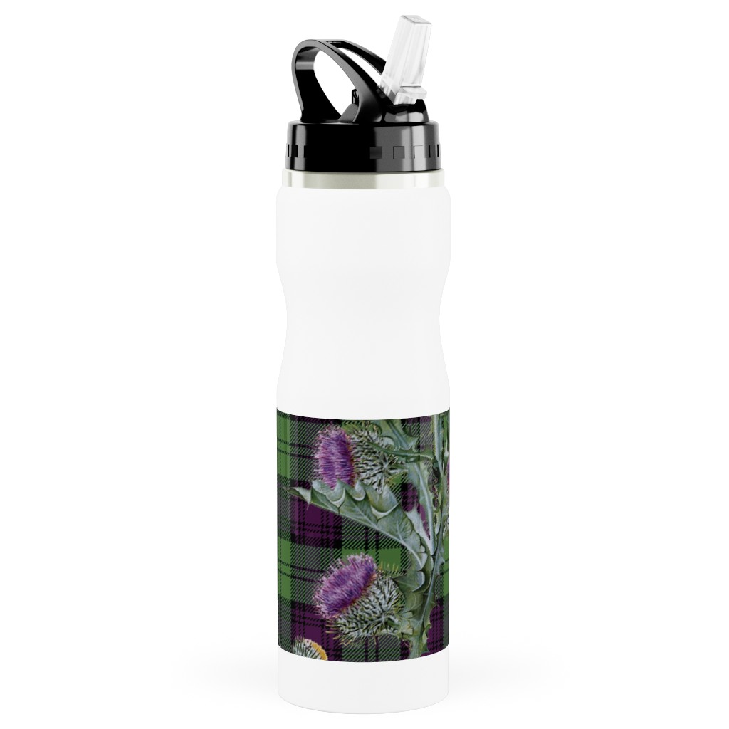 Feochadan Tartan - Green and Purple Stainless Steel Water Bottle with Straw, 25oz, With Straw, Green