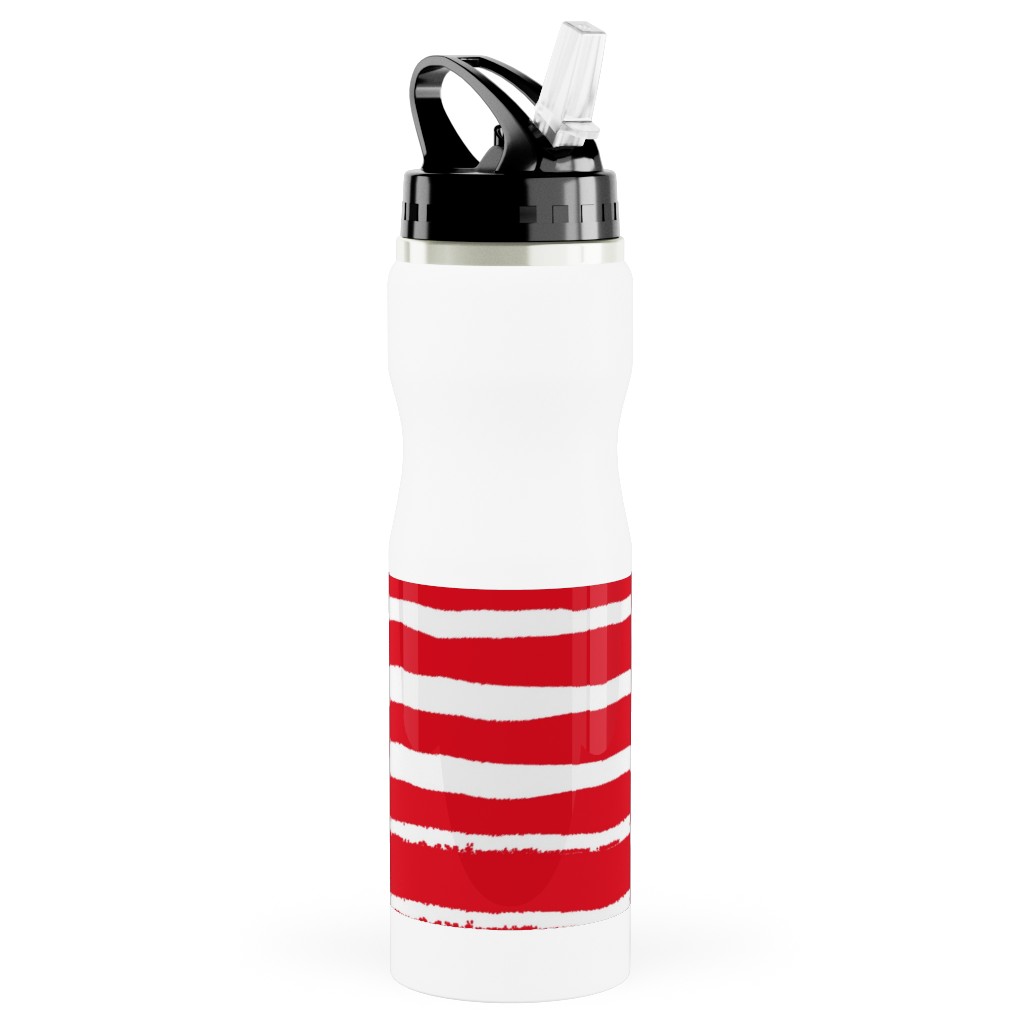 Painted Stripes - Red Stainless Steel Water Bottle with Straw, 25oz, With Straw, Red