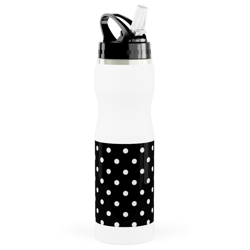 Dotty - White on Black Stainless Steel Water Bottle with Straw, 25oz, With Straw, Black