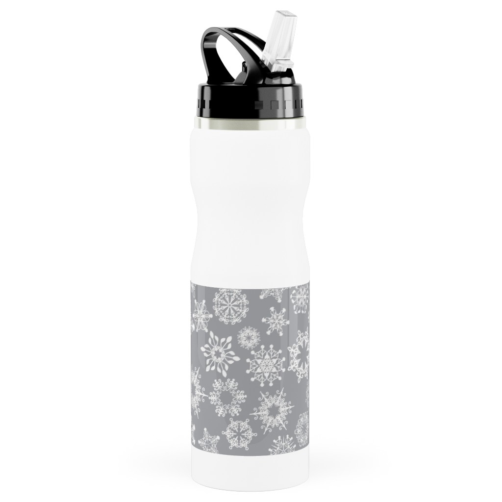 Snowflake Silver Stainless Steel Water Bottle with Straw, 25oz, With Straw, Gray