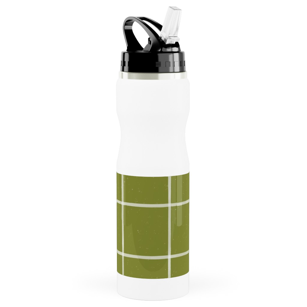 Watercolor Windowpane - Green Stainless Steel Water Bottle with Straw, 25oz, With Straw, Green