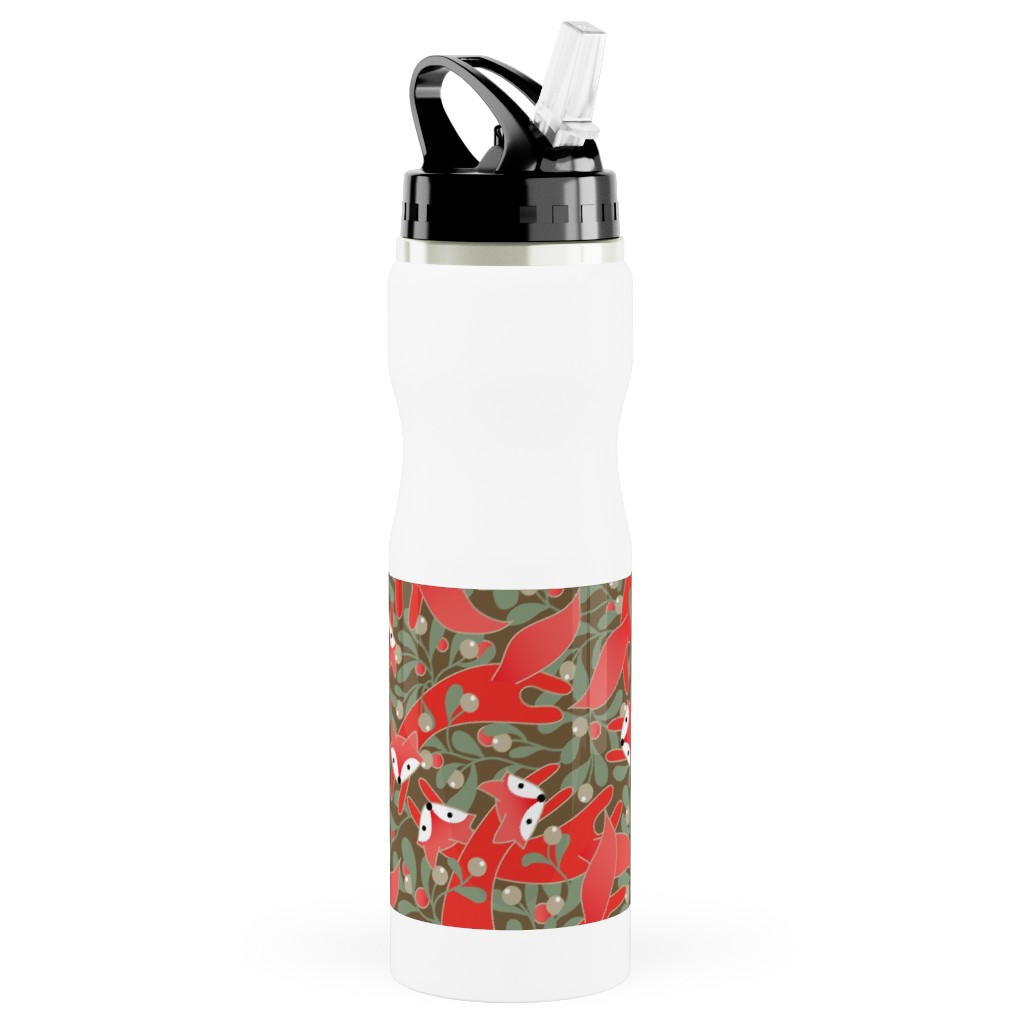 Red Fox Mistletoe Stainless Steel Water Bottle with Straw, 25oz, With Straw, Red