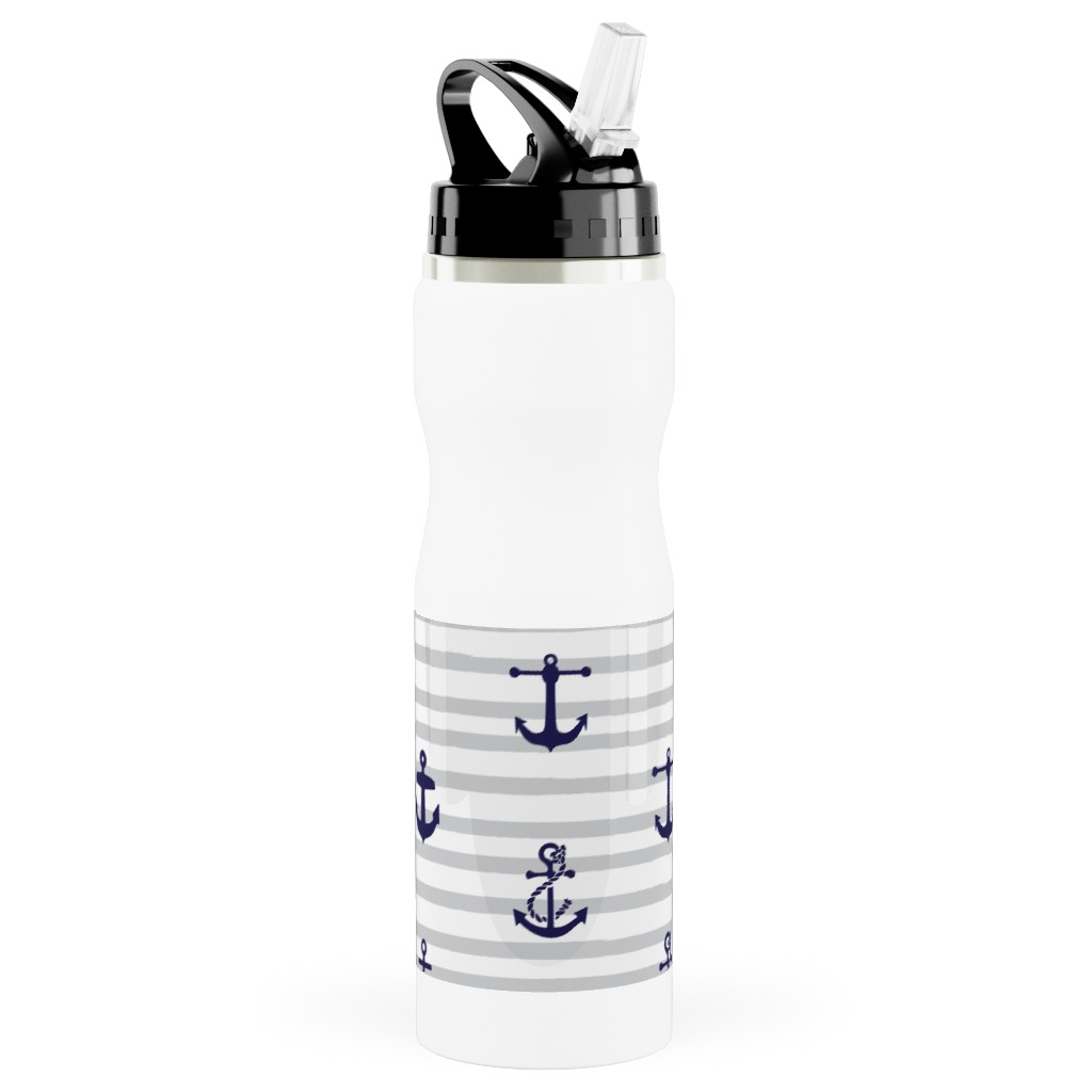 Anchors Away - Black on Gray Stripes Stainless Steel Water Bottle with Straw, 25oz, With Straw, Gray