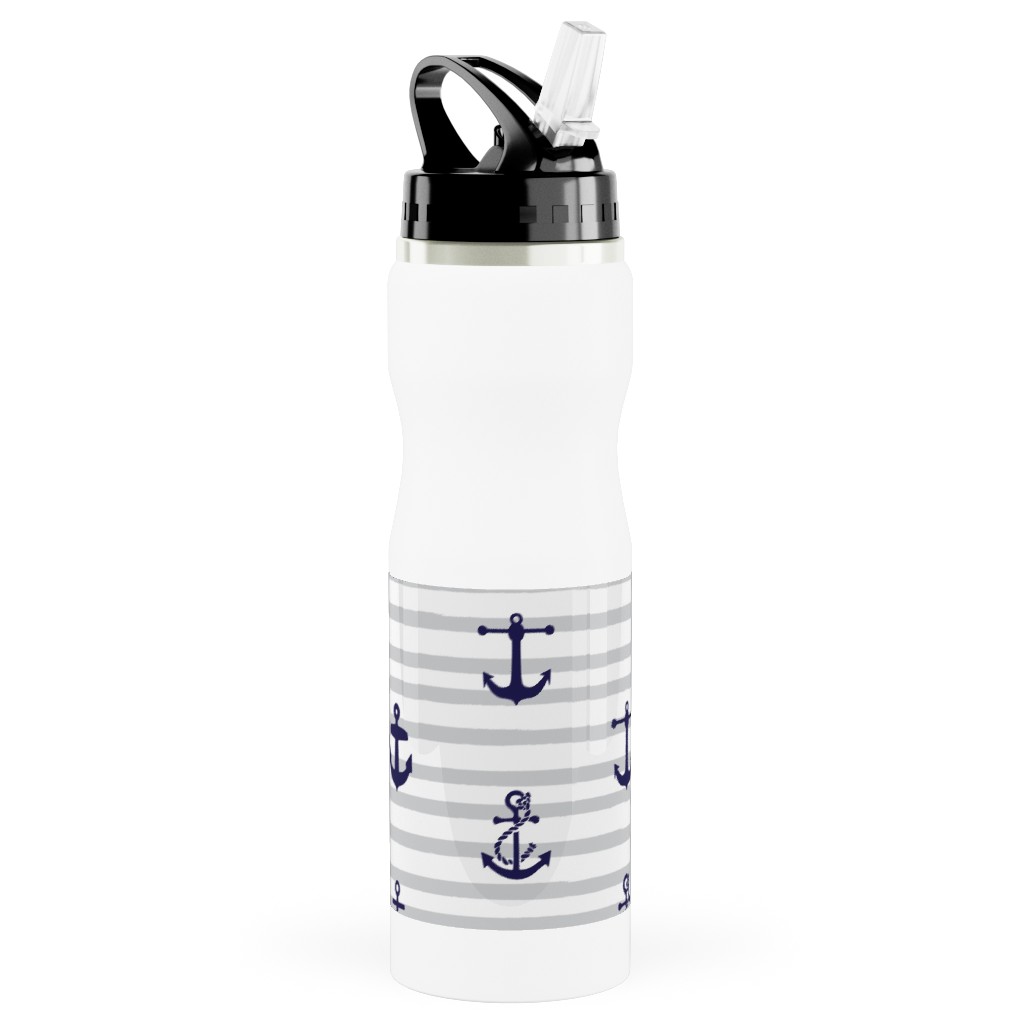 Anchors Away - Black on Gray Stripes Stainless Steel Water Bottle with Straw, 25oz, With Straw, Gray, Gray