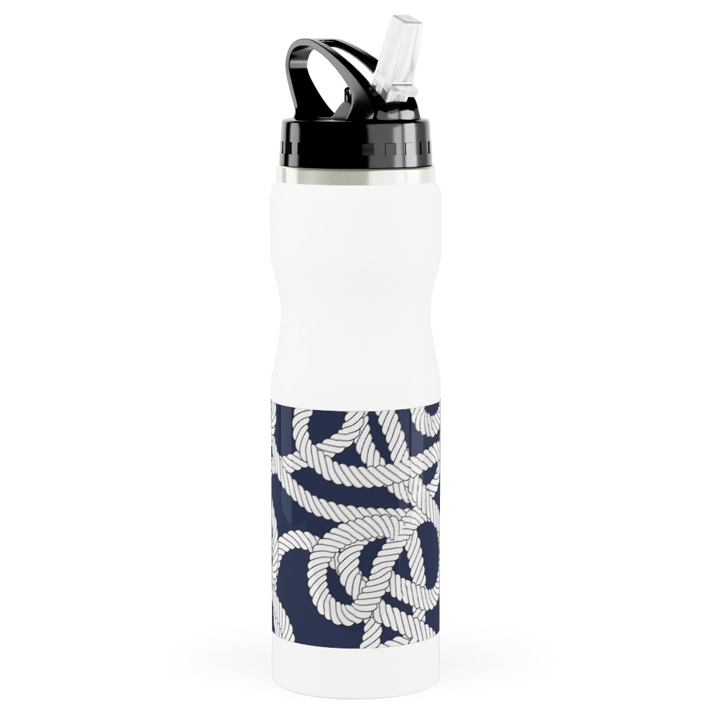 Nautical Rope Knots in Navy Stainless Steel Water Bottle with Straw, 25oz, With Straw, Blue, True Blue