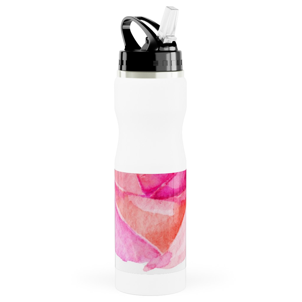 Spring Peonies, Roses, and Poppies - Pink Stainless Steel Water Bottle with Straw, 25oz, With Straw, Pink
