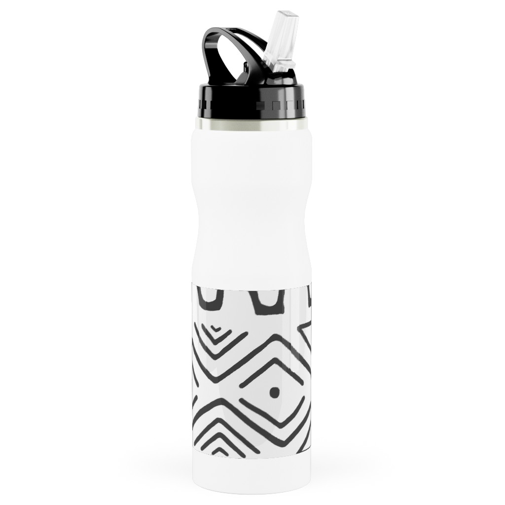 Mud Cloth - White Stainless Steel Water Bottle with Straw, 25oz, With Straw, White, White
