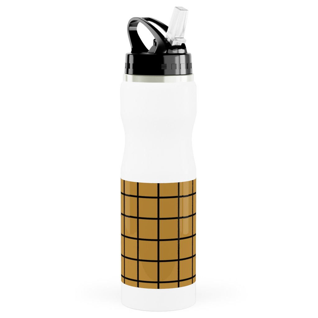 Square Grid Stainless Steel Water Bottle with Straw, 25oz, With Straw, Brown, Golden