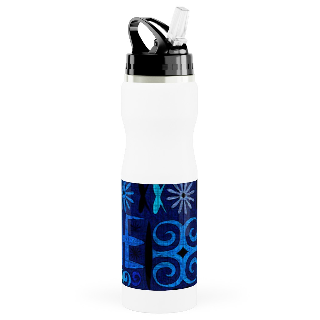 Indigo - Geometric Stainless Steel Water Bottle with Straw, 25oz, With Straw, Blue, True Blue