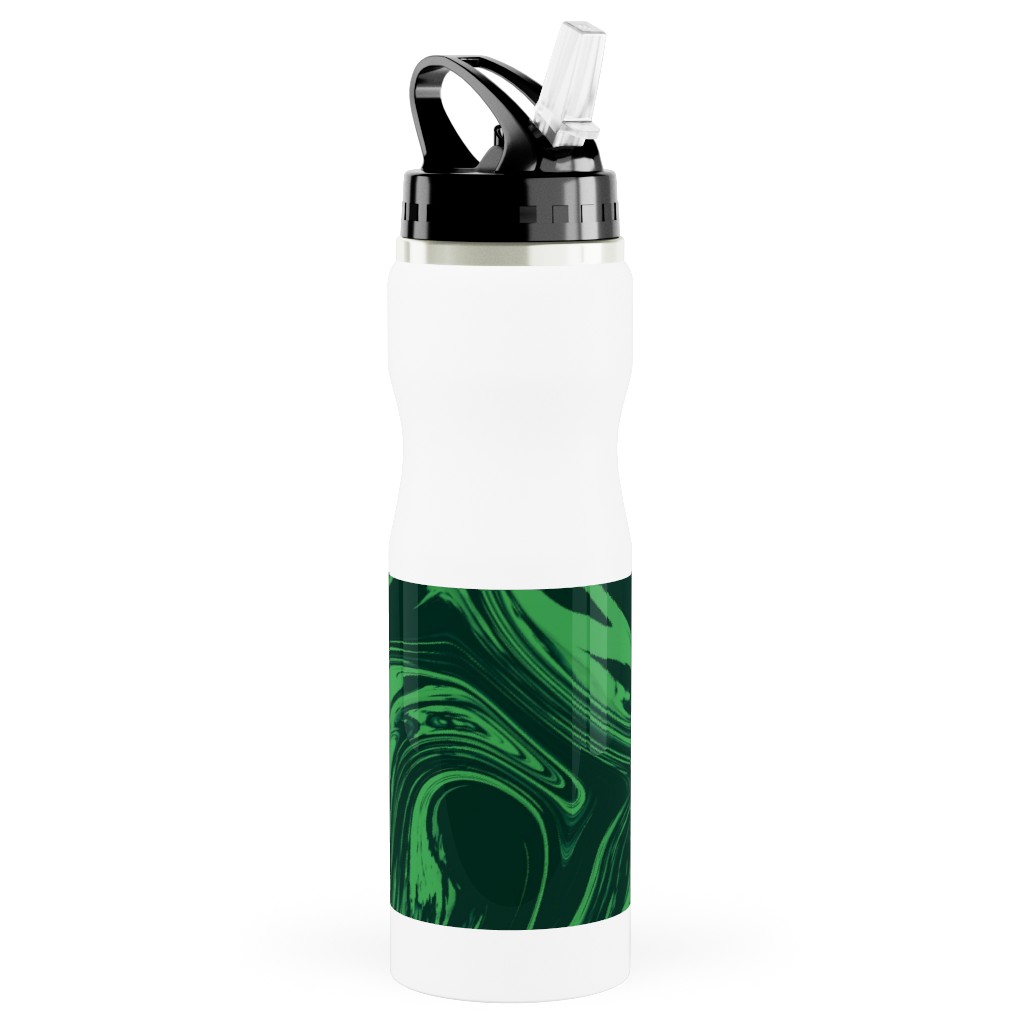 Marbled Paper - Deep Emerald Stainless Steel Water Bottle with Straw, 25oz, With Straw, Green