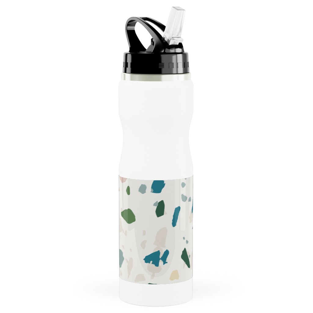 Terrazzo - Green on Cream Stainless Steel Water Bottle with Straw, 25oz, With Straw, Green