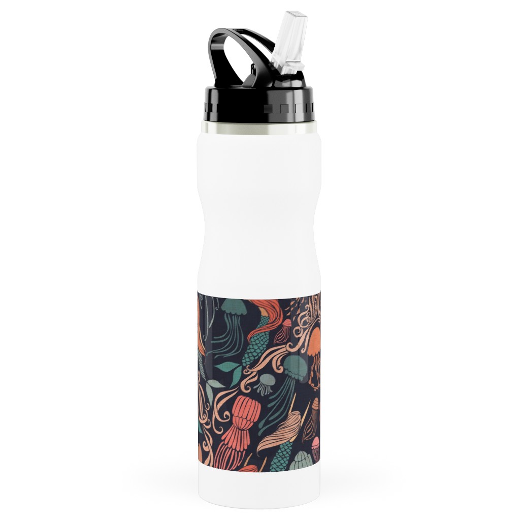 Mermaids and Jellyfish - Multi Stainless Steel Water Bottle with Straw, 25oz, With Straw, Multicolor