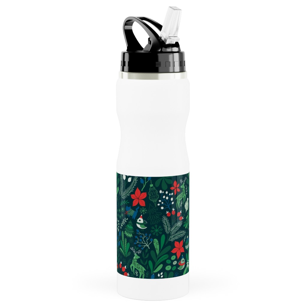 Merry Christmas Floral - Dark Stainless Steel Water Bottle with Straw, 25oz, With Straw, Green