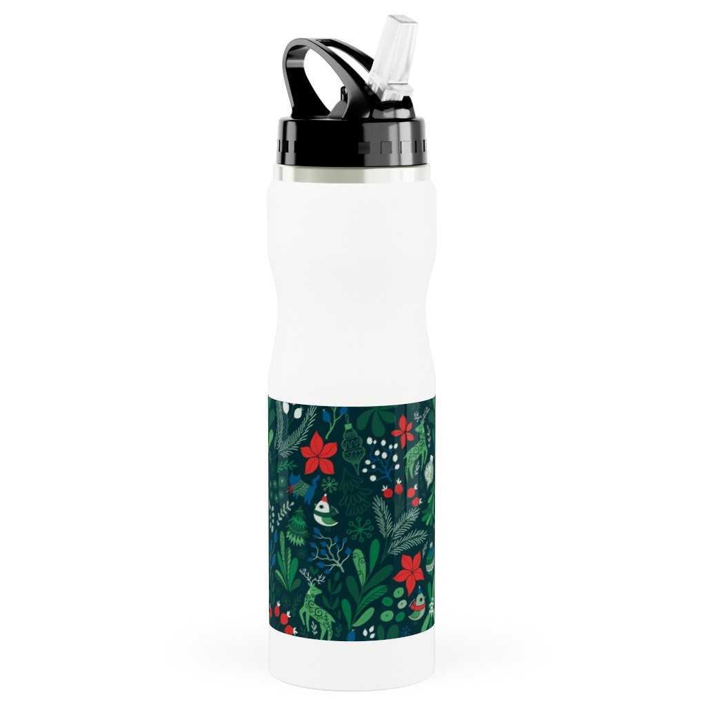 Merry Christmas Floral - Dark Stainless Steel Water Bottle with Straw, 25oz, With Straw, Green, Classic Green
