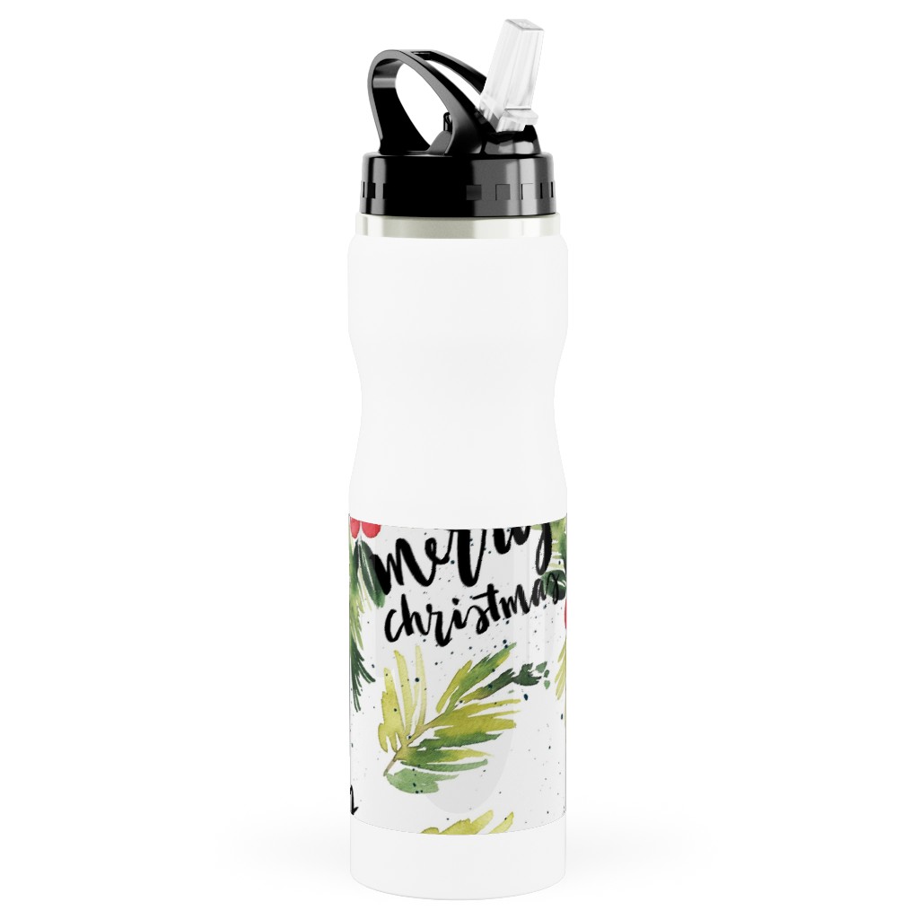 Merry Christmas Red Berry Holly Stainless Steel Water Bottle with Straw, 25oz, With Straw, White, White