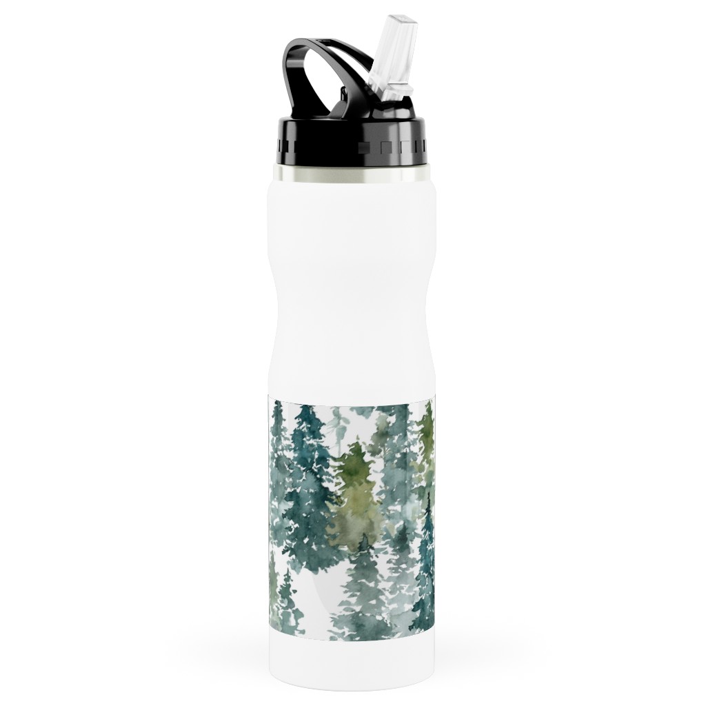 Woodland Trees Watercolor - White Stainless Steel Water Bottle with Straw, 25oz, With Straw, Green