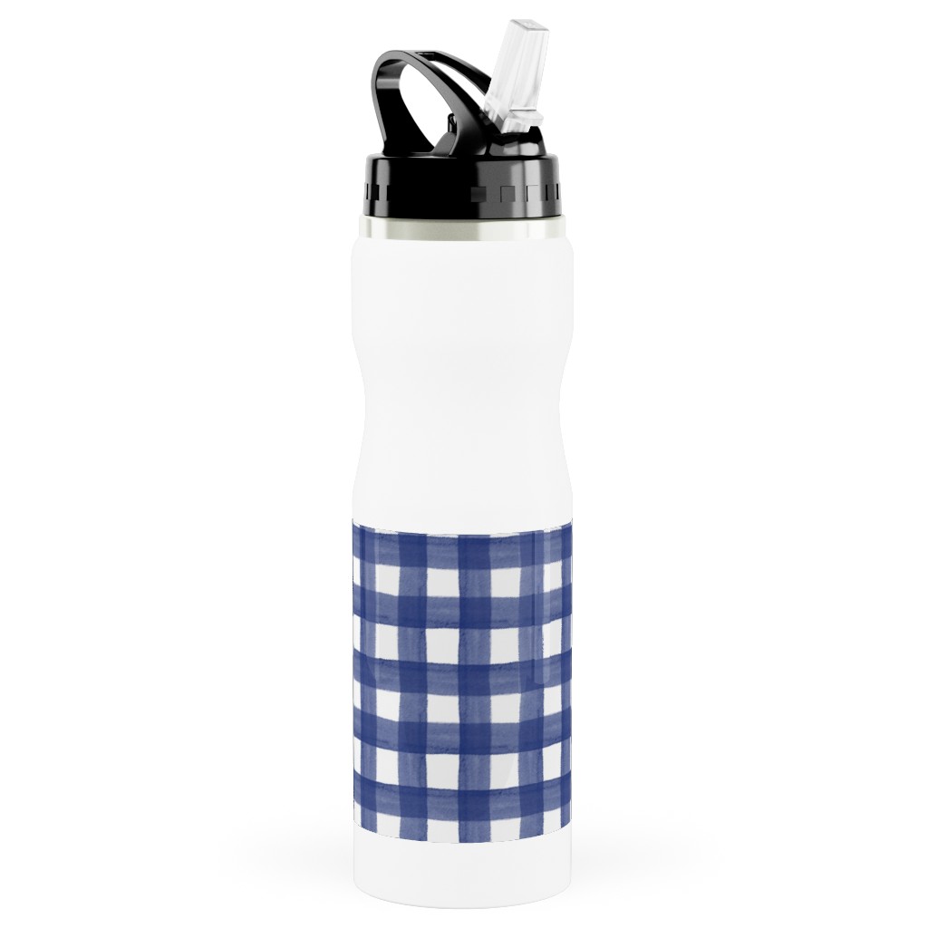 Watercolor Gingham - Navy Blue Stainless Steel Water Bottle with Straw, 25oz, With Straw, Blue, True Blue