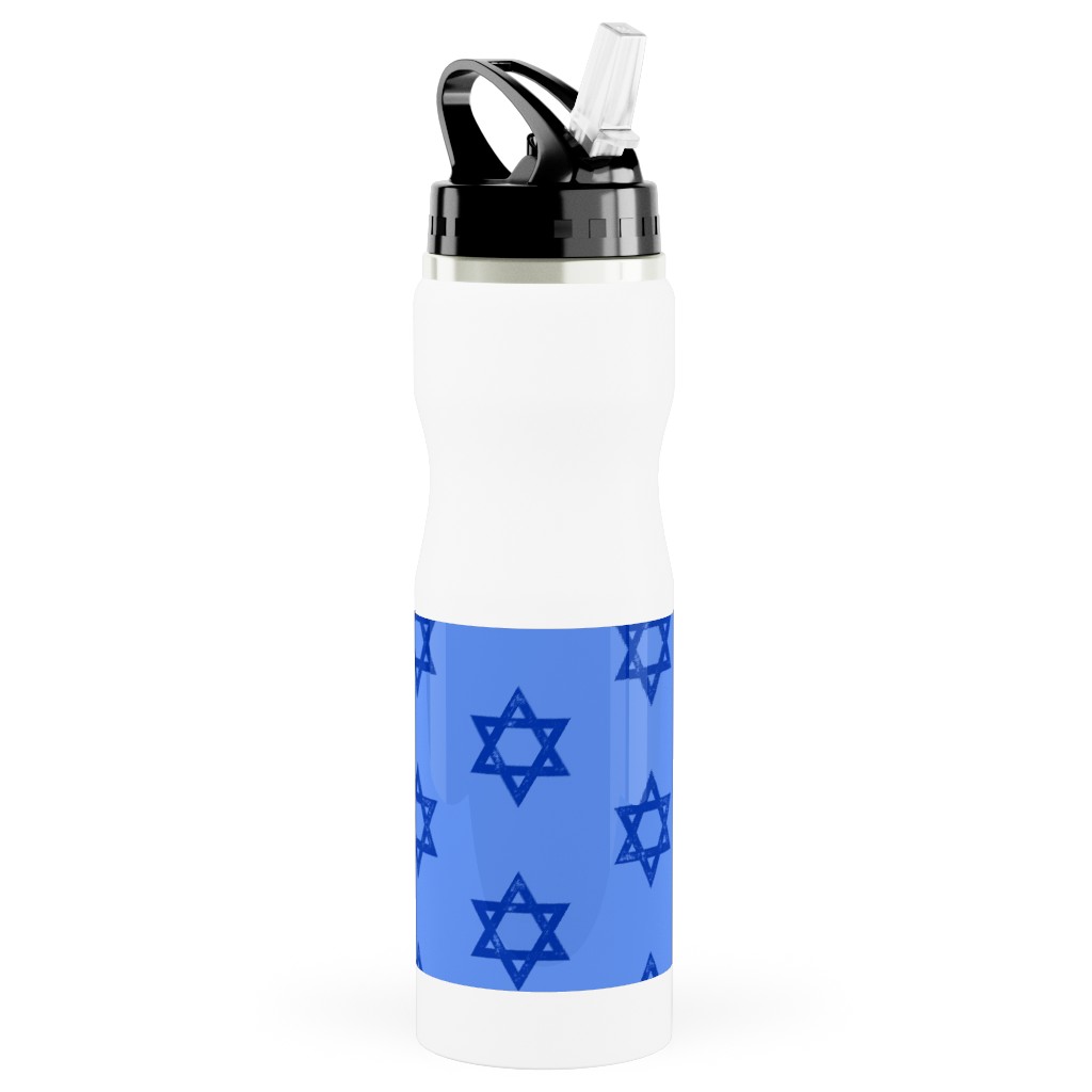 Star of David - Blue Stainless Steel Water Bottle with Straw, 25oz, With Straw, Blue, True Blue