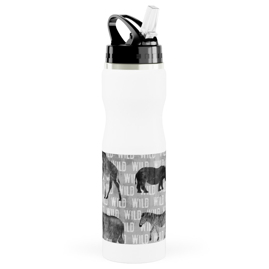 Wild Safari Animals - Grey Stainless Steel Water Bottle with Straw, 25oz, With Straw, Gray