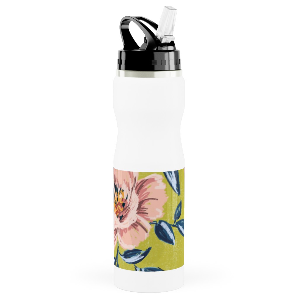 Pink Peonies Stainless Steel Water Bottle with Straw, 25oz, With Straw, Green