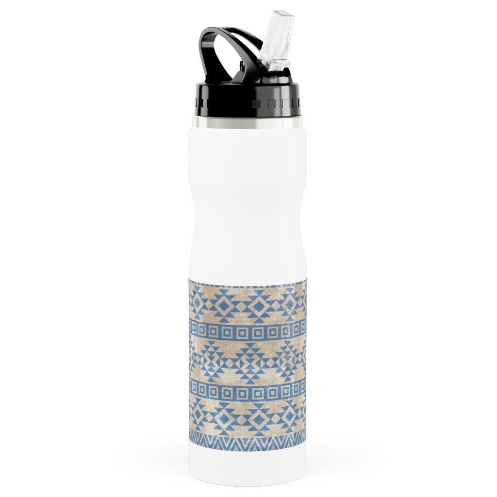 Modern Desert - Geometric Stainless Steel Water Bottle with Straw, 25oz, With Straw, Blue, True Blue