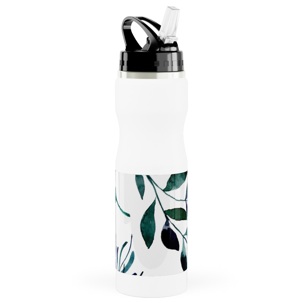 Leaves Nature Botanical Prints Stainless Steel Water Bottle with Straw, 25oz, With Straw, Green
