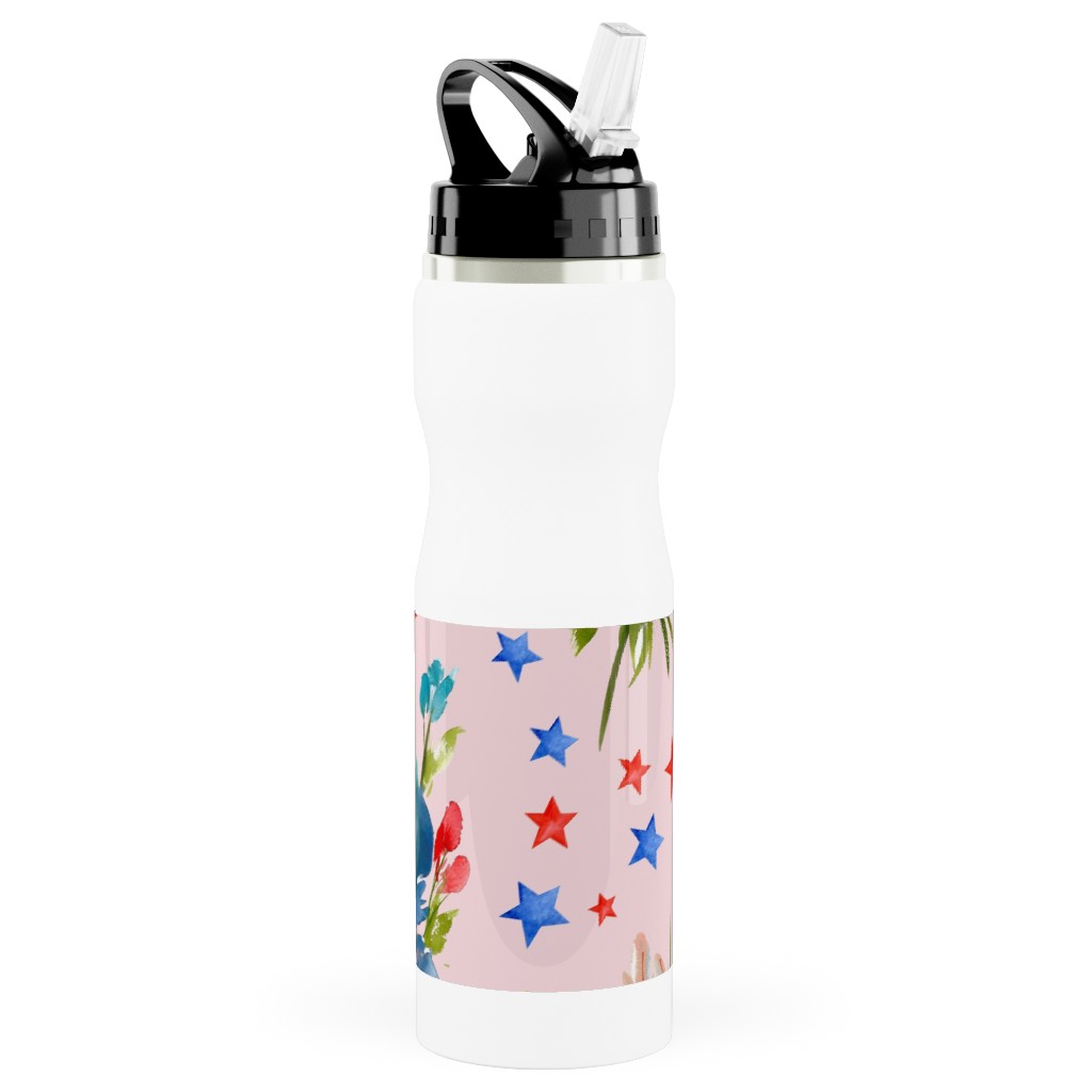4th of July Florals - Pink Stainless Steel Water Bottle with Straw, 25oz, With Straw, Pink, Bright Pink
