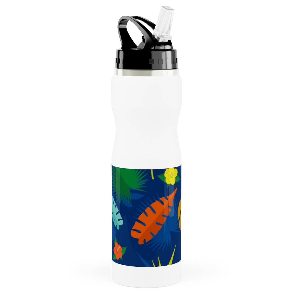 Tropical Leaves - Multi on Blue Stainless Steel Water Bottle with Straw, 25oz, With Straw, Multicolor