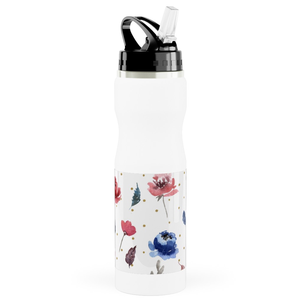 American Glory Flowers With Gold Dots - Multi Stainless Steel Water Bottle with Straw, 25oz, With Straw, Red, Red