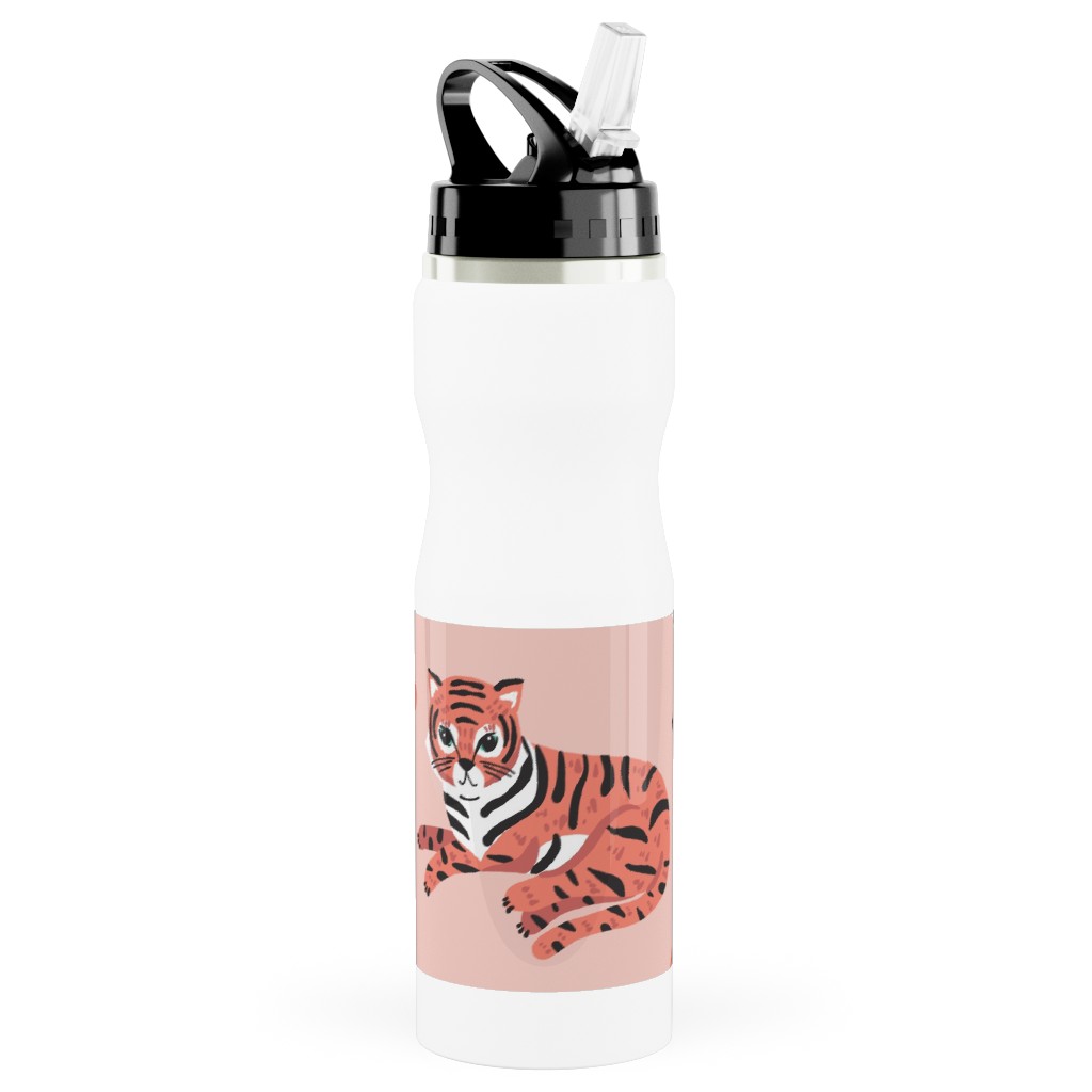 Jungle Tigers - Blush and Coral Stainless Steel Water Bottle with Straw, 25oz, With Straw, Pink
