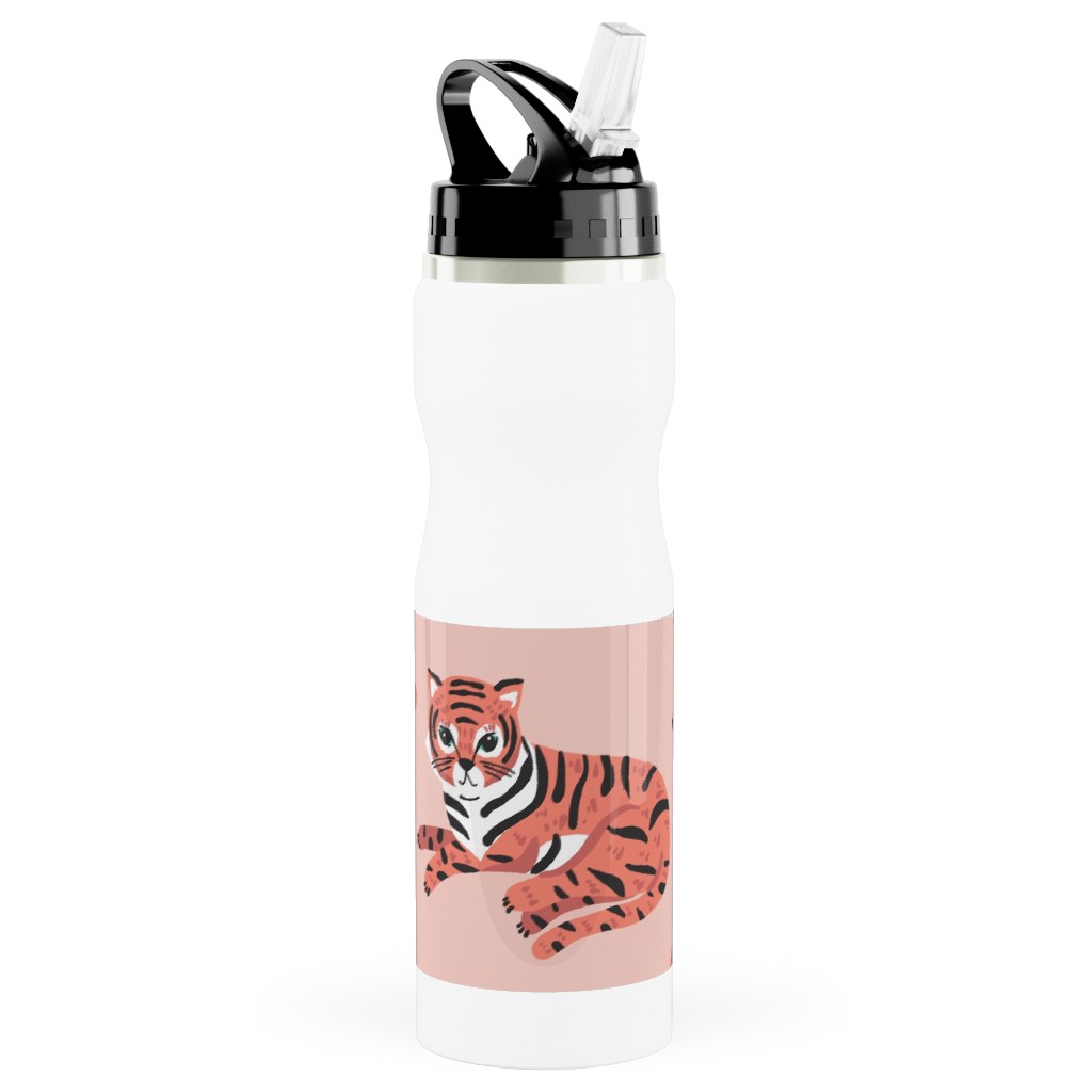 Jungle Tigers - Blush and Coral Stainless Steel Water Bottle with Straw, 25oz, With Straw, Pink
