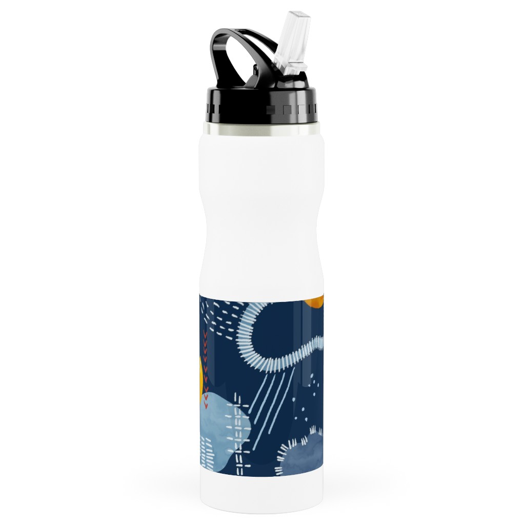 Shashiko Spring Clouds - Blue Stainless Steel Water Bottle with Straw, 25oz, With Straw, Blue