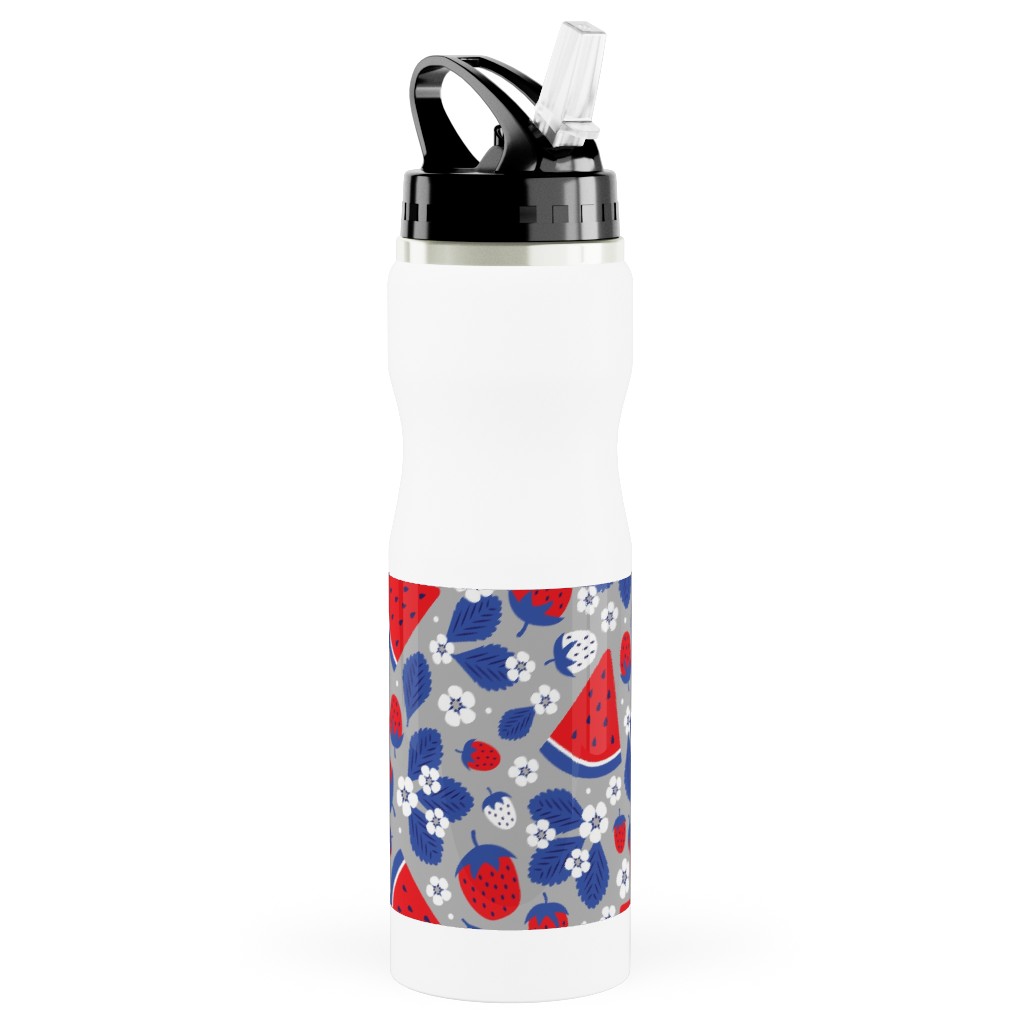 Summer Strawberries and Melons - Red, White and Blue Stainless Steel Water Bottle with Straw, 25oz, With Straw, Multicolor